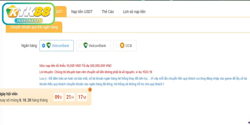 Nạp tiền TK88 được tối ưu với quy trình rõ ràng, dễ thao tác